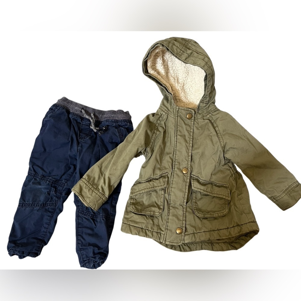 Winter -Sherpa green jacket & grey jersey cotton lined navy blue pants 18 months